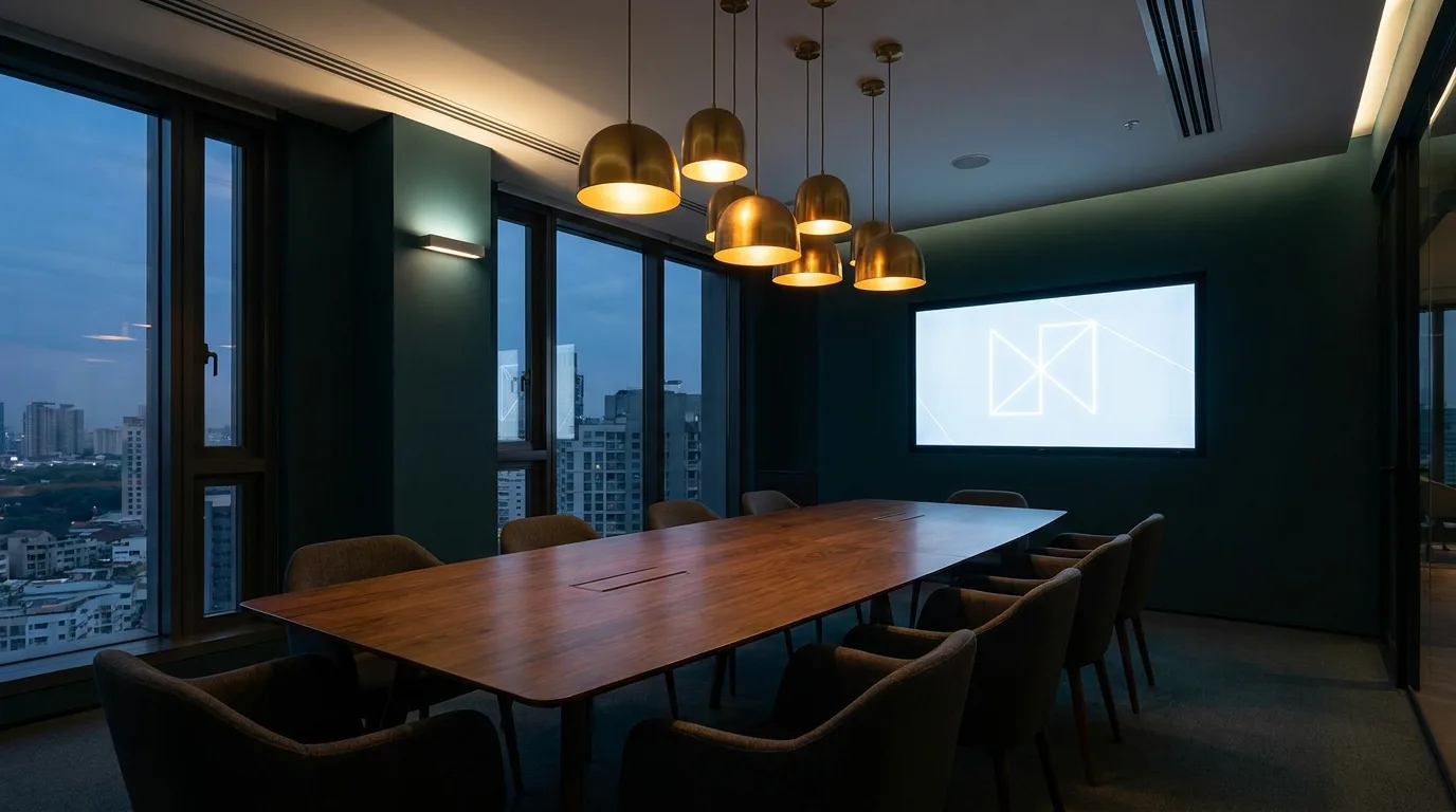 Boutique agency studio interior in the evening with a long table and a presentation screen on a teal wall