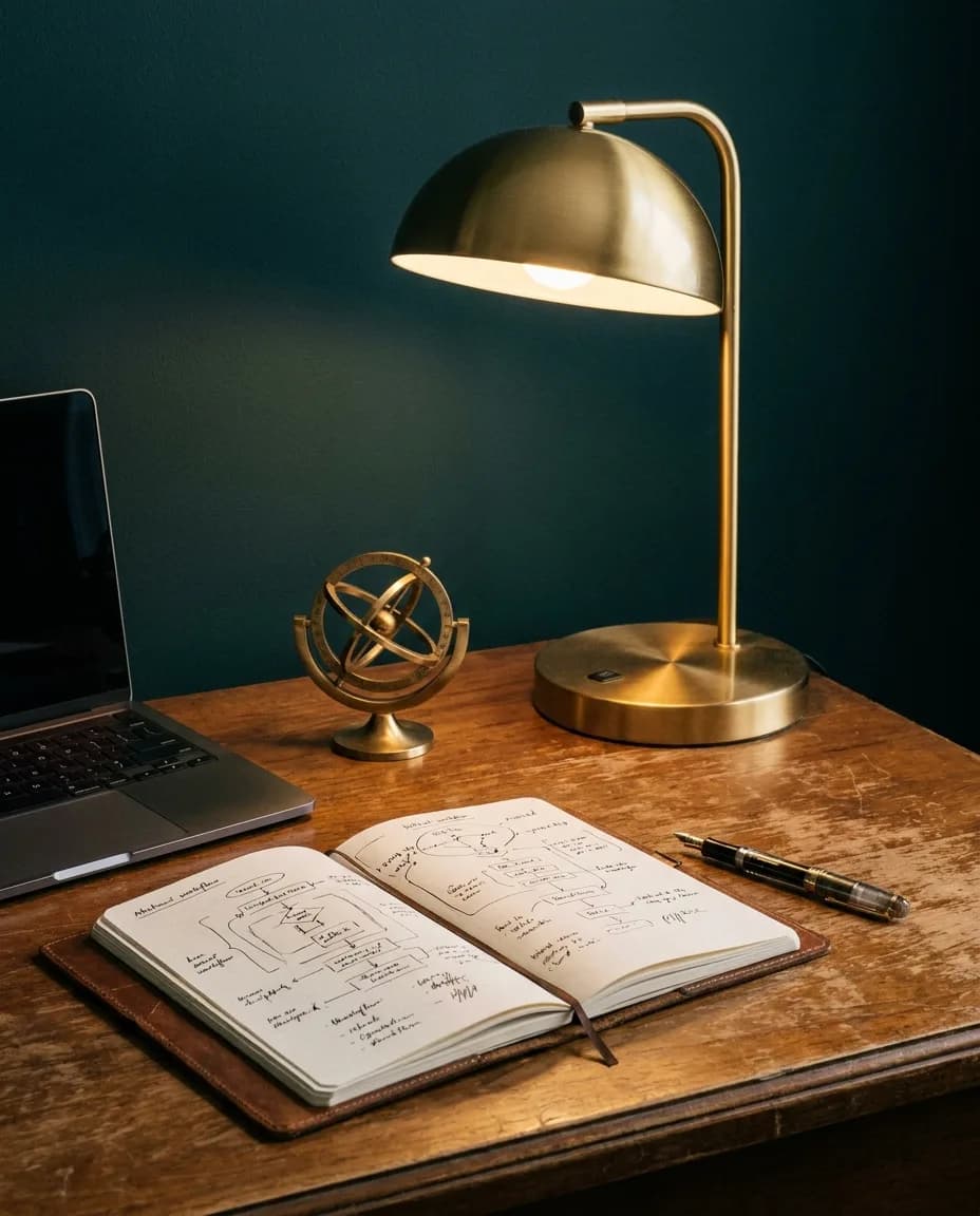 Strategist's desk with an open notebook of hand-drawn workflow sketches beside a laptop under warm lamplight