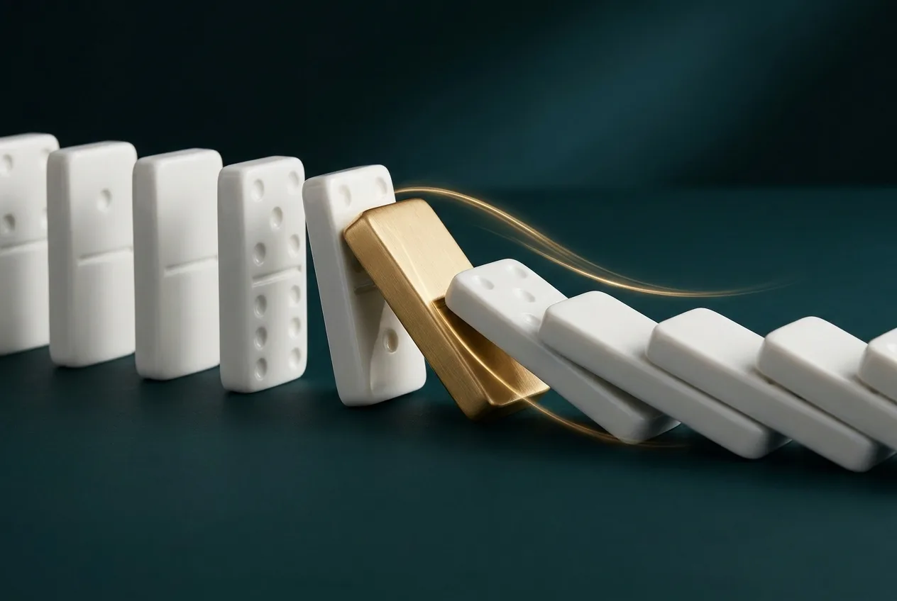 Row of white dominoes frozen mid-fall with one gold-accented domino on a teal surface