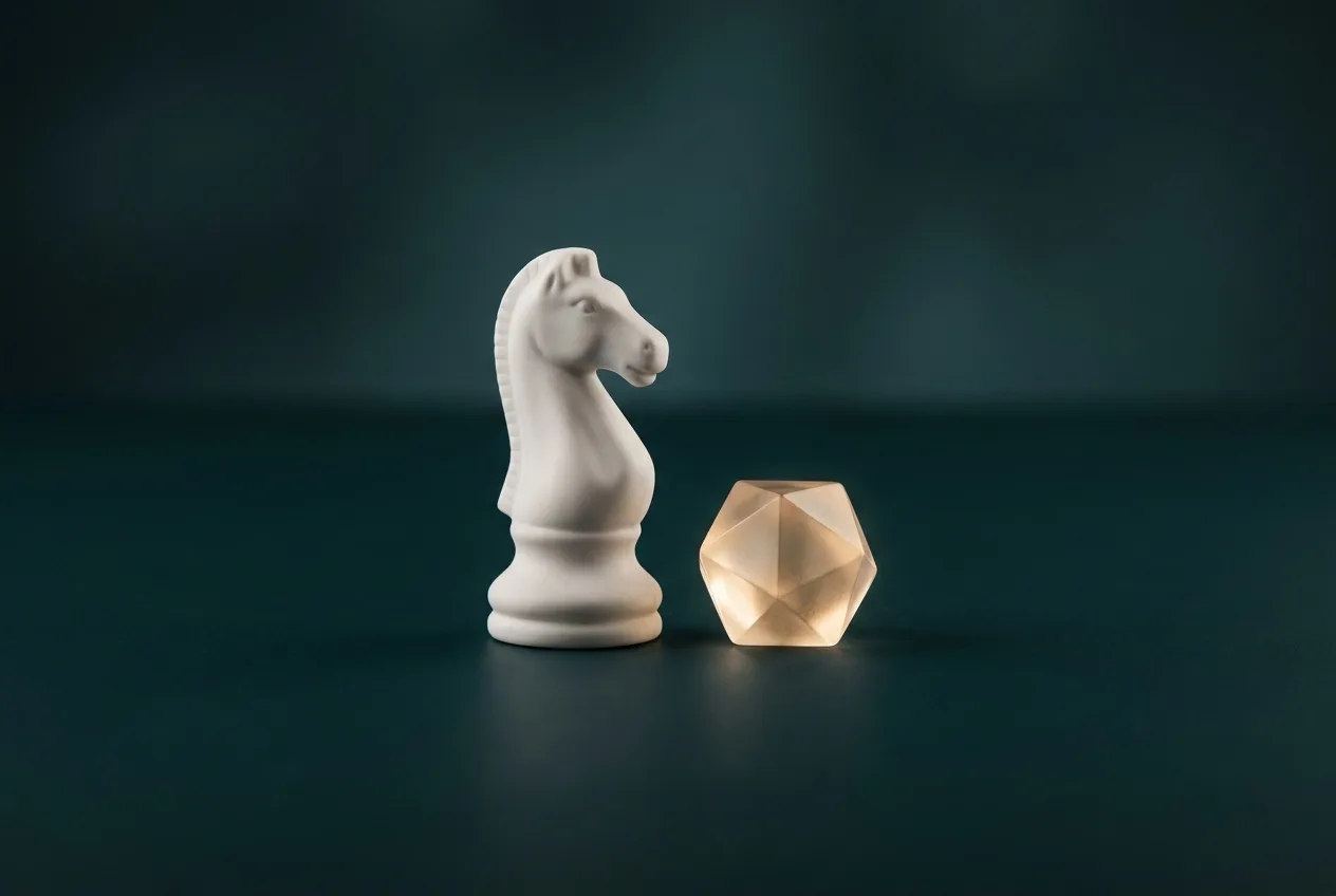 White ceramic chess knight beside a glowing gold orb on a deep teal surface