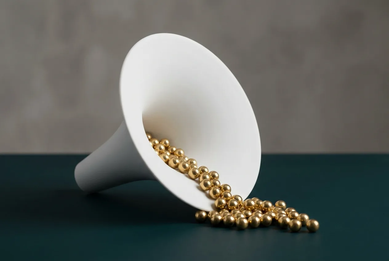 White funnel sculpture with small gold spheres flowing through it on a deep teal surface