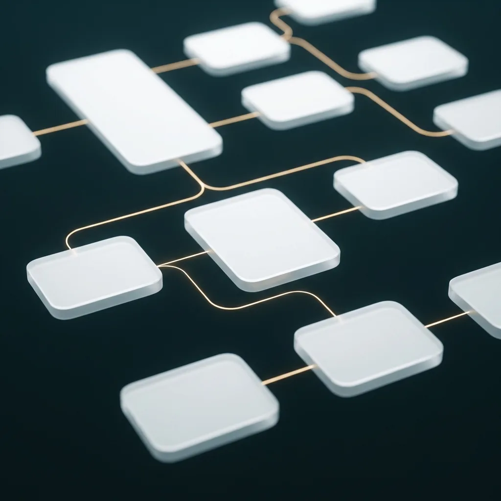 White workflow cards connected by glowing gold lines forming an automation network on a deep teal background