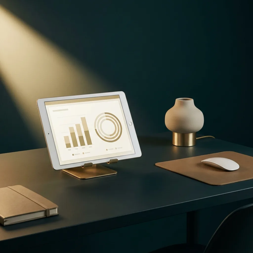 Tablet on a strategist's desk showing a minimalist campaign dashboard in a deep teal studio with warm gold lighting