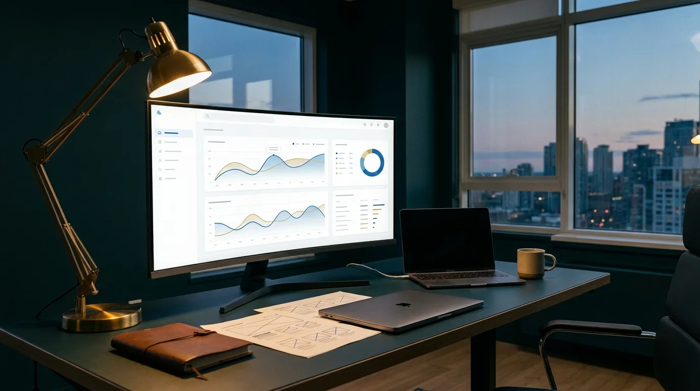 Strategist's workspace at dusk with a large monitor showing a clean analytics dashboard in a deep teal room