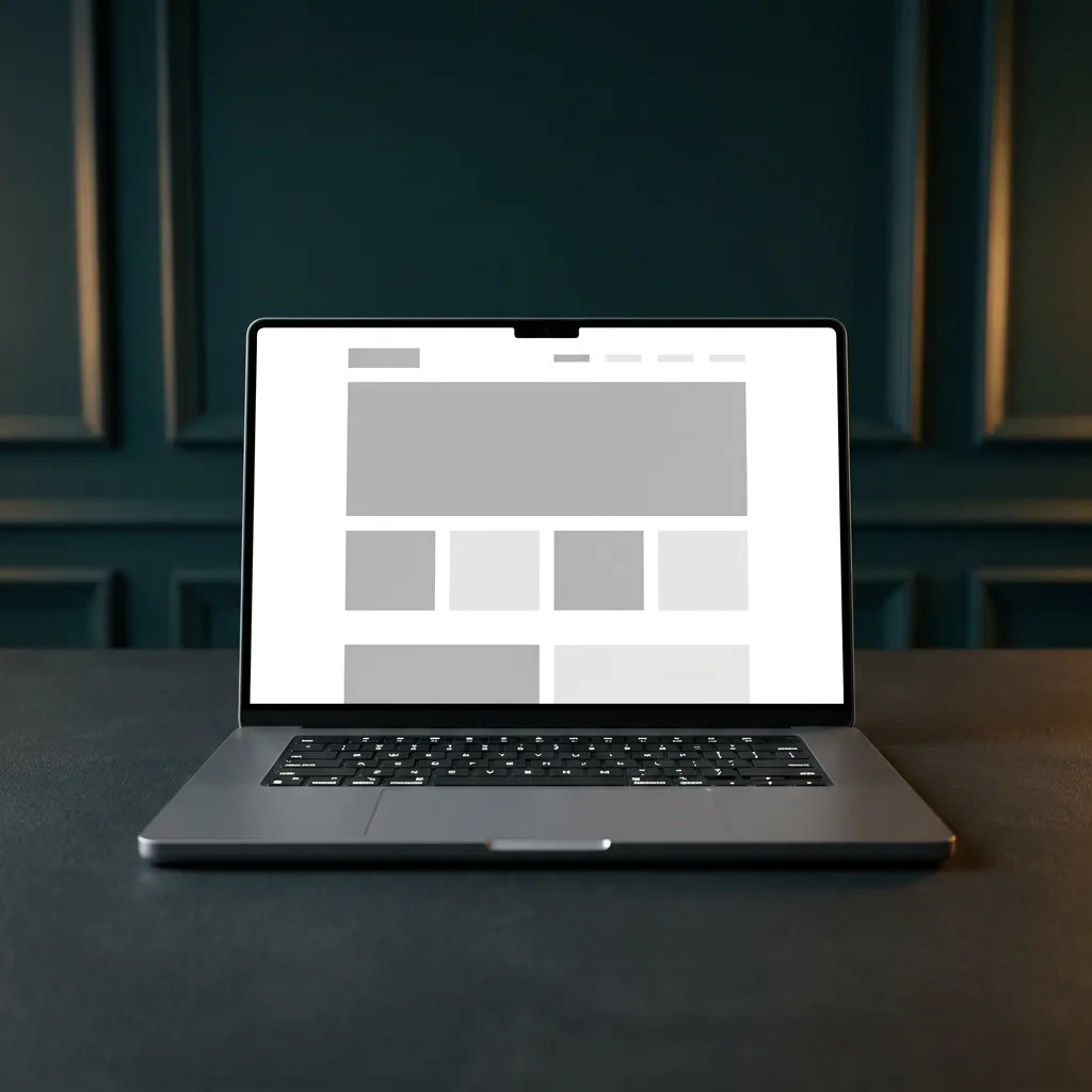 Modern laptop on a dark desk displaying a clean white business website layout with gold rim lighting