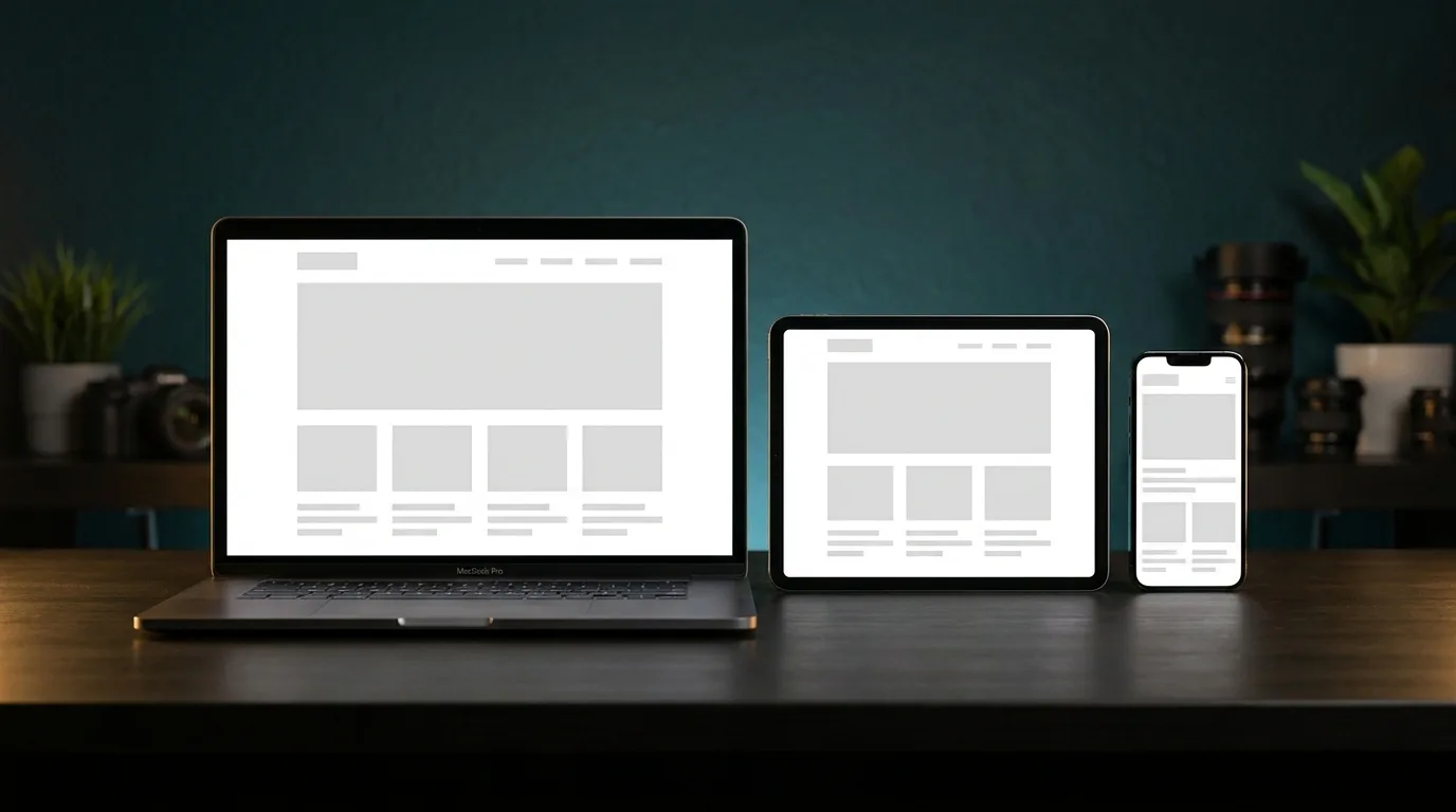 Laptop, tablet and smartphone in a row each showing the same responsive website design in a teal studio