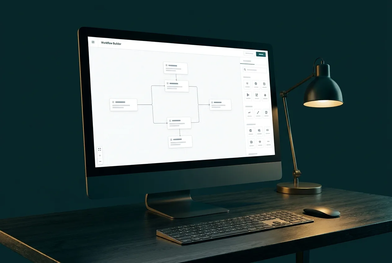 Monitor showing a white workflow builder interface with connected nodes in a dark teal office