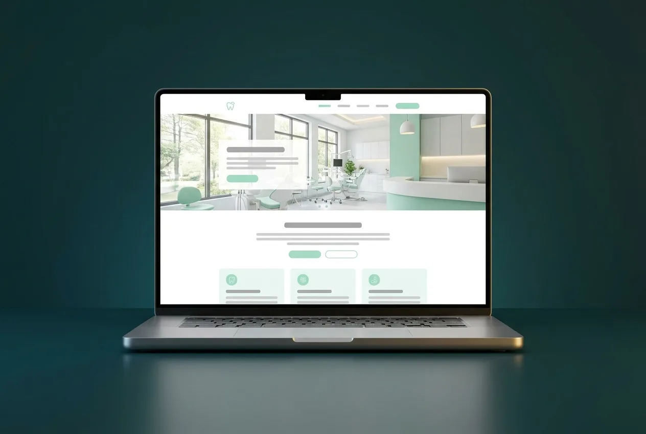 Laptop displaying a clean dental clinic website concept with a bright clinic photo and mint accents