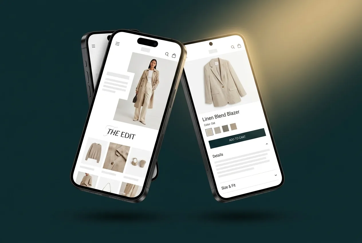 Two smartphones showing an elegant fashion boutique online store concept over a deep teal background
